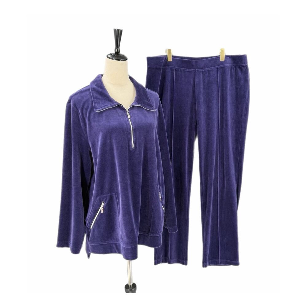 Chico’s Zenergy Sz 3 Purple Velour Jacket Pants Travel Active Tracksuit Set